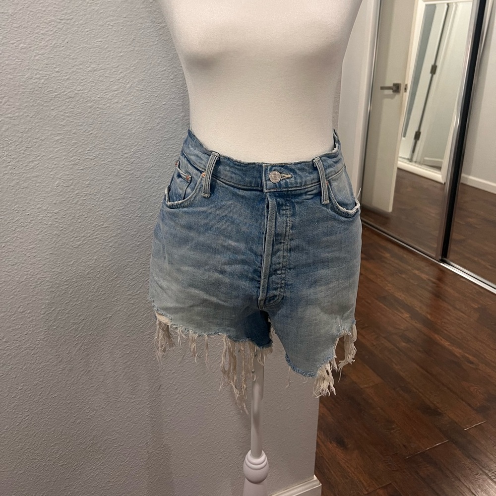 MOTHER Light Wash Frayed Hem High-Rise Denim Shorts